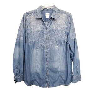 Chico's Chambray Denim Cotton Long Sleeve Button-Up Shirt Size 2 Large